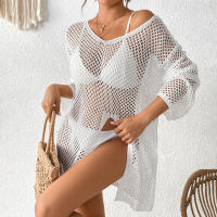Vestido playero de manga larga para mujer, cárdigan de punto transparente con ribete de encaje, ropa de malla para resort, pareo de baño para vacaciones de verano - details 16