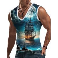 Chaleco con cuello en V para hombre, moda urbana de verano, top para deportes al aire libre, chaleco holgado y cómodo con estampado de barco pirata - details 1