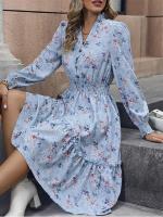 Vestido de manga larga de primavera para mujer, estampado elegante, cuello en V, informal, línea A, hasta la rodilla, cintura alta - details 6