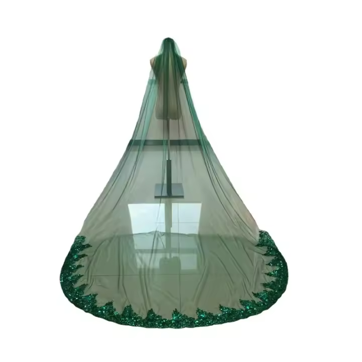 Velos de novia coloridos de 1 capa y 3 metros de largo, velo de novia de tul suave con lentejuelas ostentosas de lujo, encaje verde, con peine - 1