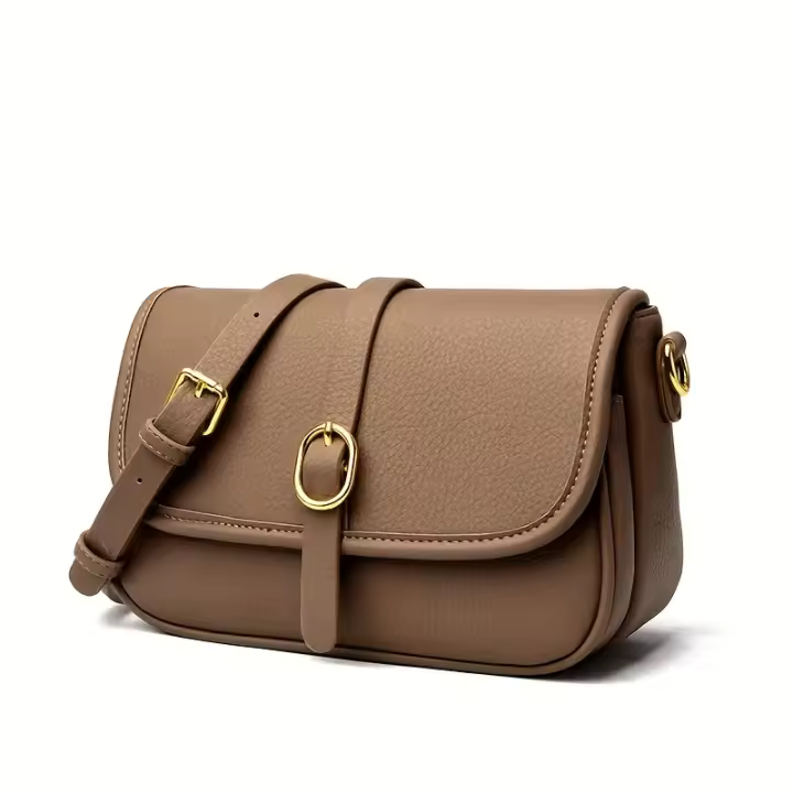 Bolso cruzado de cuero marrón elegante con hebillas doradas Versátil para mujeres, duradero y de poliéster - 1