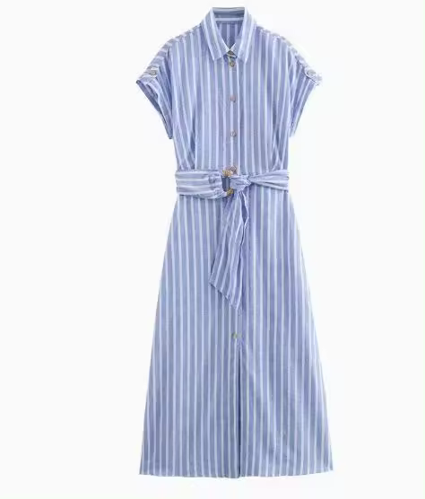 BUNO-Vestido camisero a rayas de mezcla de lino para mujer, estilo europeo y americano, ligero y de lujo - 1