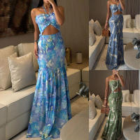 Europa, América Primavera y verano Nuevo vestido plisado con cuello estampado INS Vestido de vacaciones informal suelto - details 0