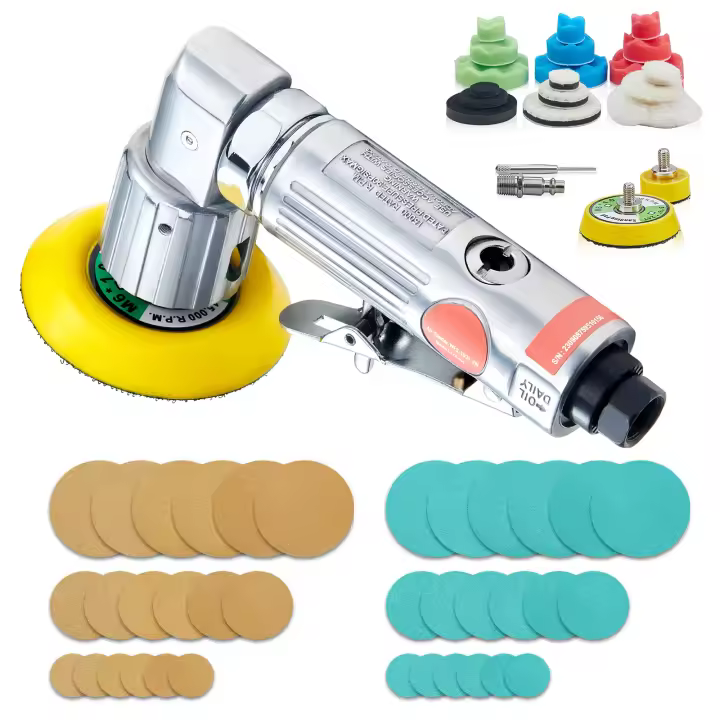 SucceBuy Mini lijadora de aire, 1"/2"/3" orbital aleatoria, pulidora neumática de alta velocidad de 15000 RPM, para trabajos de carrocería, kit de 58 piezas con esponjas onduladas, papeles de lija, almohadilla de lana - 1