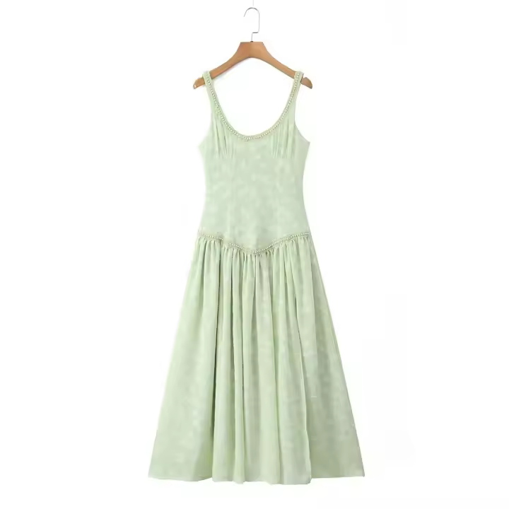 Nueva ropa de mujer europeo y americano diseño francés lado dividido delgado perla decorativa vestido largo - 1