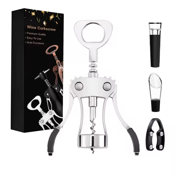 Abridor de vino fácil de utilizar con abrebotellas de cerveza Set Abrebotellas Premium 4 en 1 - Acero Cromado y Zinc, Asas Antideslizantes, Incluye Sacacorchos Al Vacío Guía Goteo Cortador, Ideal para Regalo y Enólogos - 1
