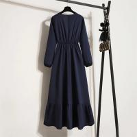 Vestido largo ajustado a la cintura con jersey de manga larga de color liso para mujer - details 17