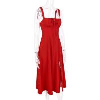 Vestido Midi bohemio de verano con tirantes finos y abertura en el muslo, vestido con lazo en la parte delantera, estampado liso, sin mangas, Vintage, vestidos de playa - details 22