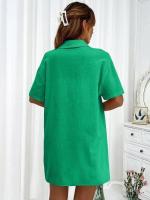 Conjunto de camisa de dos piezas de color sólido con pantalones cortos de moda para mujer, informal, suelto, manga corta, una sola fila - details 23