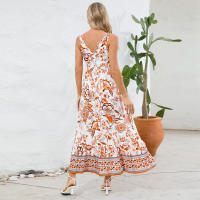 Vestidos largos bohemios para mujer, cuello en V, sin mangas, cintura alta, Maxi, estampado naranja, playa, S - details 8