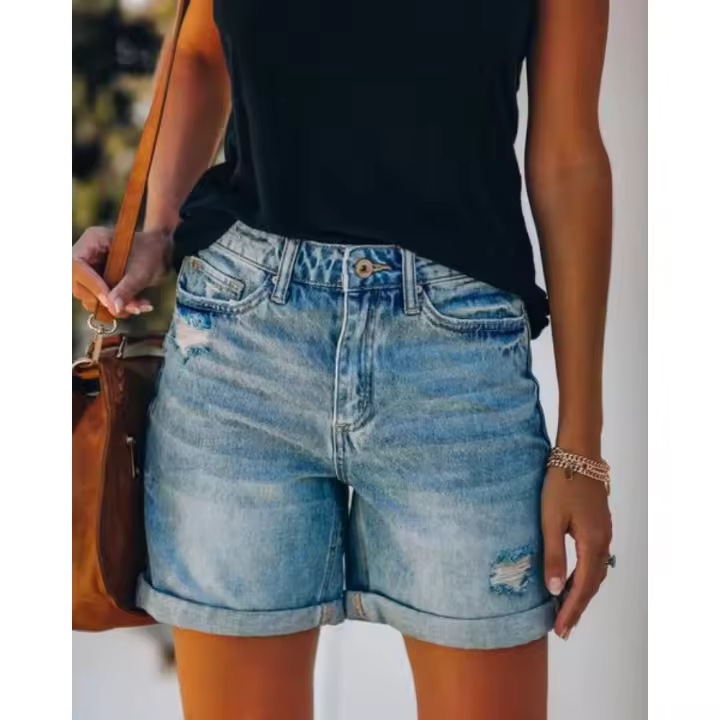 Pantalones cortos de mezclilla para mujer con rasgos rectos y rizados de moda 2025. - 1