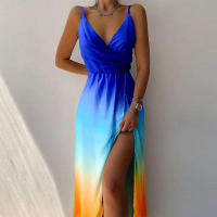 Correa de espagueti estampada para mujer V Vestido Formal de fiesta de playa Sexy con abertura lateral y cuello - details 4