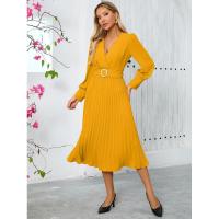 Vestido de manga larga con cuello en V para mujer, ropa de color sólido, 2025 - details 9