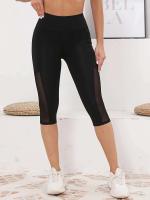 Leggings de ejercicio para mujer con empalme de malla y bolsillos Capri Tummy Tuck de cintura alta para yoga - details 3