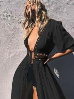 Chal largo de encaje con cordones para mujer, Bikini de Color sólido, traje de baño femenino, ropa de playa, 2024 - details 7