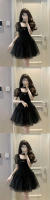 Vestido de princesa esponjoso con temperamento francés de alta gama de verano para mujer negro con mangas de burbuja, Falda corta ceñida a la cintura - details 1