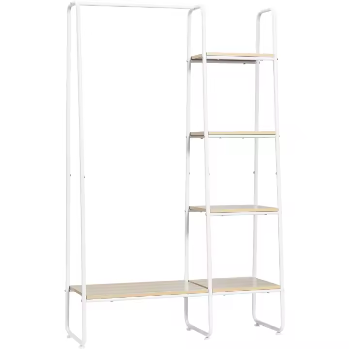 Perchero de madera multiusos con 5 estantes de almacenamiento y barra para colgar para dormitorio, salón, entrada, estilo industrial, 101x39x160 cm - 1