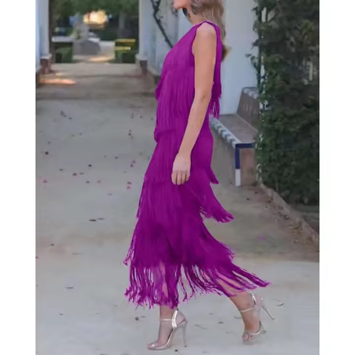 Vestido con diseño de empalme de borlas multicapa, cuello inclinado, color sólido, nueva moda 2025 - 1
