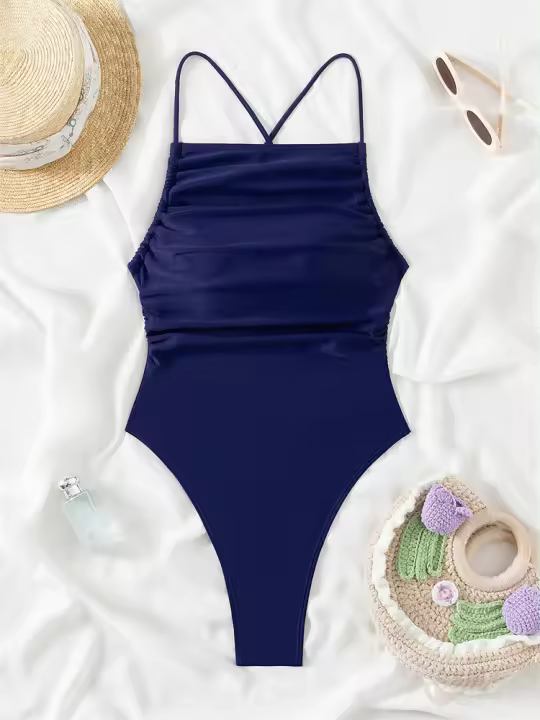 Traje de baño liso de una pieza para mujer, sexy con tirantes, traje de playa de verano - 1