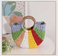 Artículo vendedor caliente azul verde multicolor tejido a mano raya ratán verano mano playa bolso de mano para mujer de moda - details 9