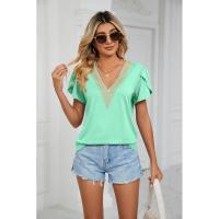 BUNO-2025 Camiseta holgada de manga corta con cuello en V para mujer, Top informal de encaje de Color puro, camiseta holgada cómoda y transpirable para verano - details 20