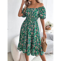 Primavera Verano 2025 Europeo y Americano Floral Cuello Cuadrado Manga Corta Cintura con Volantes Falda Línea A - details 28
