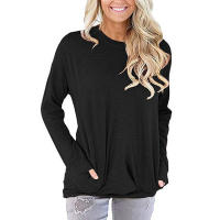 La manga larga vendedora caliente del murciélago del cuello redondo flojo del color sólido de los tops del bolsillo de las mujeres para las mujeres - details 5