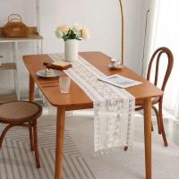 camino de mesa beige, mantel vintage de crochet Ence, tela de mezcla de algodón con borlas, mesa de comedor, restaurante, decoración de boda - details 2