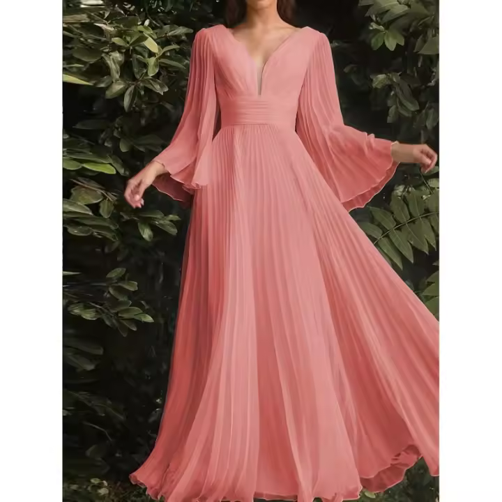 Vestido de dama de honor plisado liso de talla grande, vestido largo elegante con manga acampanada y cuello en V para fiesta de - 1