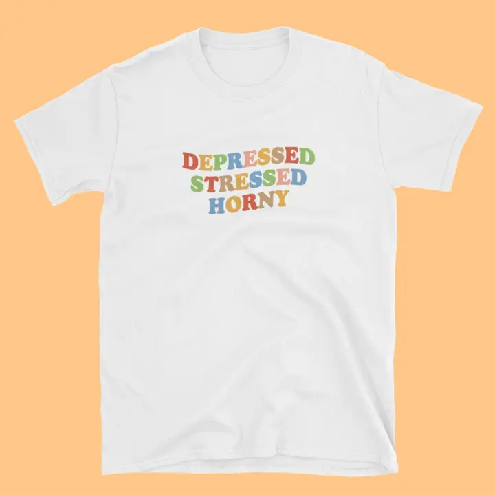 Porzingis Women's Elegant Tee Summer New Leter Printed DEPRESSED STRESSED HORNY Slogan Cotton T-Shirt - 1