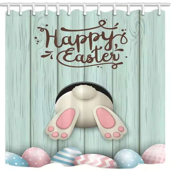 Cortina de ducha de conejito de Pascua feliz, conejos divertidos, huevos rosas y azules, cortina de baño de tela de poliéster, juego de cortinas de baño impermeables - 1