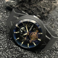 Reloj deportivo de cuarzo con correa de silicona y esqueleto de luz azul para hombre de nueva tendencia - details 14