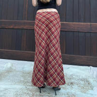 BUNO-Falda trompeta a cuadros roja Y2K, faldas largas de cintura alta para Festival de Navidad, faldas largas de sirena Vintage, pantalones estéticos - details 3