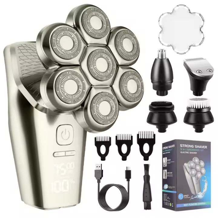Afeitadora eléctrica 7D para hombres calvos, 7 cabezales flotantes, con recortador de pelo de nariz, cepillo de limpieza facial, kit de recortador de pelo para afeitado en seco y húmedo, regalos para hombres, regalo del día del padre - 1
