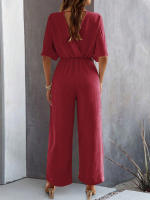 Monos de verano de manga corta para mujer, vestido de cintura alta con cuello en V y pantalones, color rojo burdeos - details 4