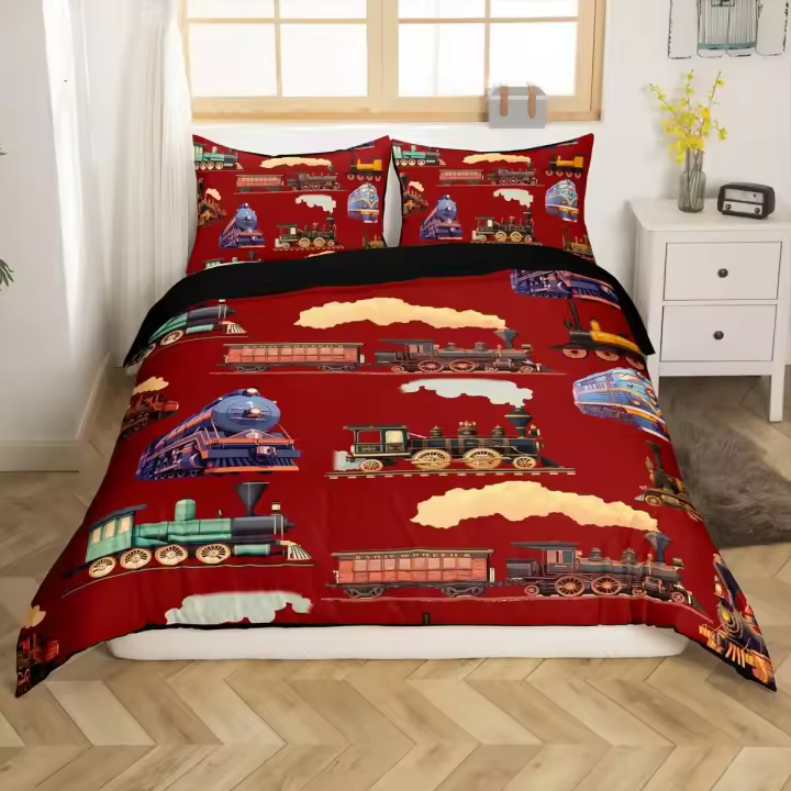 Juego de cama de tren, funda nórdica de vehículos para niños, adolescentes, decoración de dormitorio, juego de funda de edredón estampada - 1