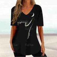 Camiseta Gráfica de Gato Kawaii Manga Corta, Estampado Haruku, Cuello en V, Ropa Suelta para Mujeres - details 29