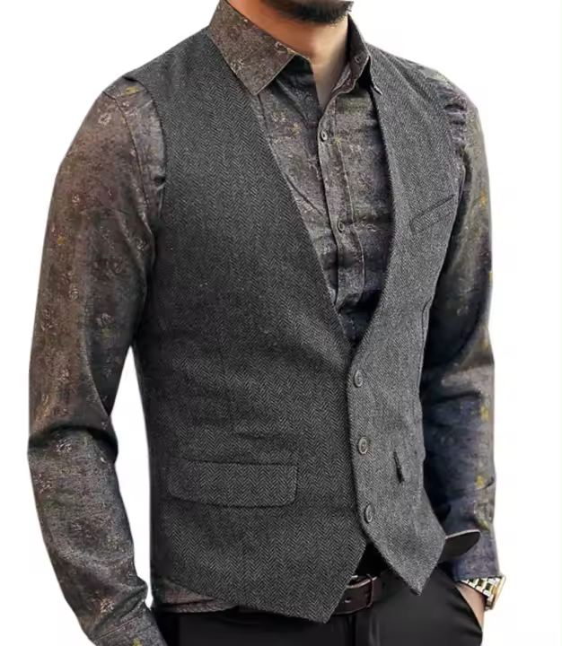 Chaleco de traje para hombre, chaleco azul de mezcla de lana con una hilera de botones, chaleco vaquero, chaqueta ajustada informal Formal de negocios - 1