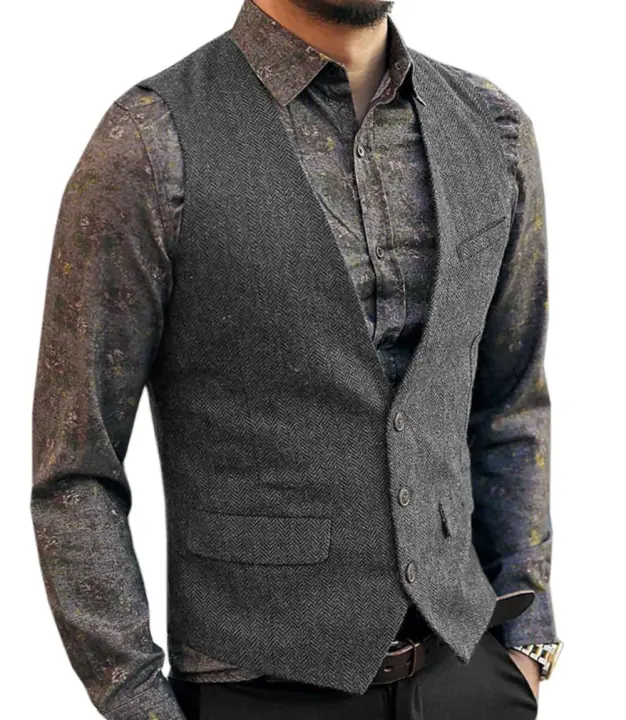 Chaleco de traje para hombre, chaleco azul de mezcla de lana con una hilera de botones, chaleco vaquero, chaqueta ajustada informal Formal de negocios - 1
