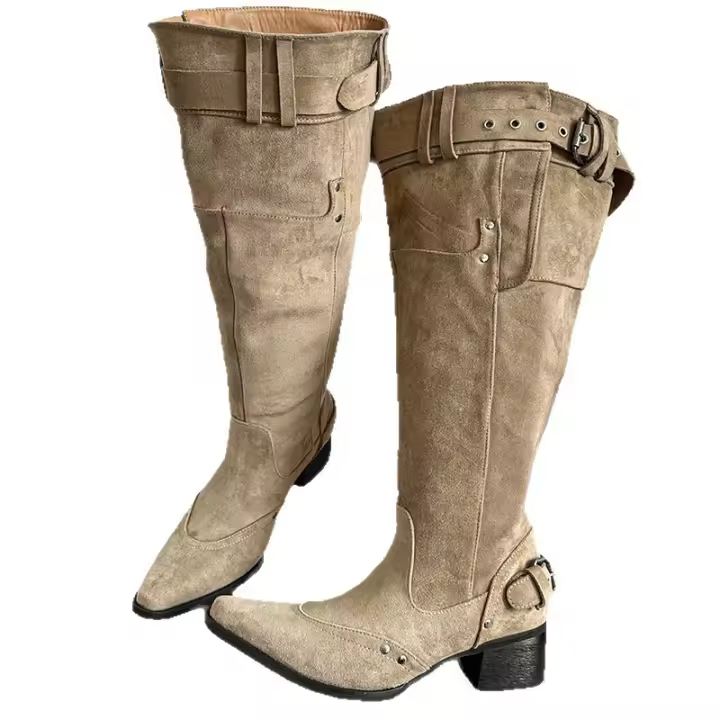 2025 Verano y otoño nueva moda Botas de pelo fino Botas altas de tacón grueso puntiagudo para mujer Hebilla de cinturón de gran tamaño - 1
