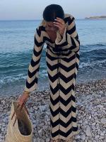 Vestidos de punto a rayas para mujer, vestido Maxi de playa con cordones de manga larga para mujer, batas ajustadas de punto con cuello cuadrado calado - details 7