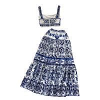 Conjunto de dos piezas a juego para mujer, Top corto con estampado de porcelana azul y blanca, Falda Midi oscilante - details 0