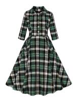 2025 nuevo Hepburn Retro Turn-Down Collar Plaid Rockabilly vestidos de Navidad mujeres invierno 3/4 longitud manga bolsillos vestido elegante - details 1