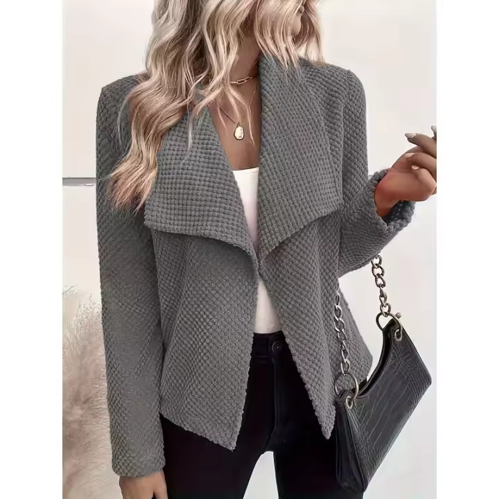 Otoño Invierno nuevo cuello vuelto Color sólido manga larga elegante moda Chaqueta corta abrigo ropa de mujer - 1