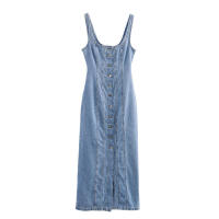 OUWU- moda para mujer, vestido Midi azul vaquero con una botonadura, tirantes Vintage, cuello cuadrado, vestidos elegantes para mujer - details 1