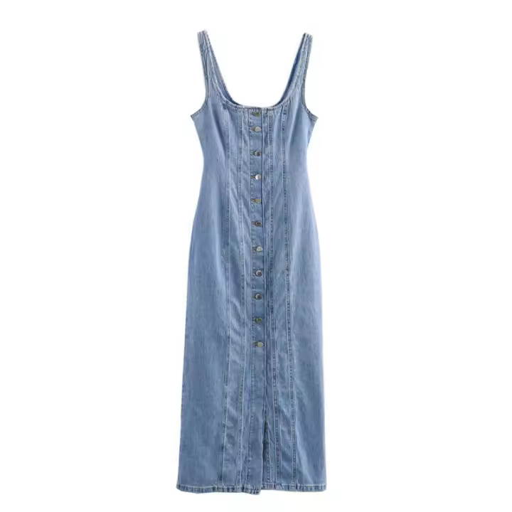 OUWU- moda para mujer, vestido Midi azul vaquero con una botonadura, tirantes Vintage, cuello cuadrado, vestidos elegantes para mujer - 1