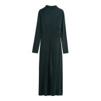 Vestido de cuello redondo para mujer, minivestido plisado de manga larga con espalda, color sólido, nable, para otoño - details 5