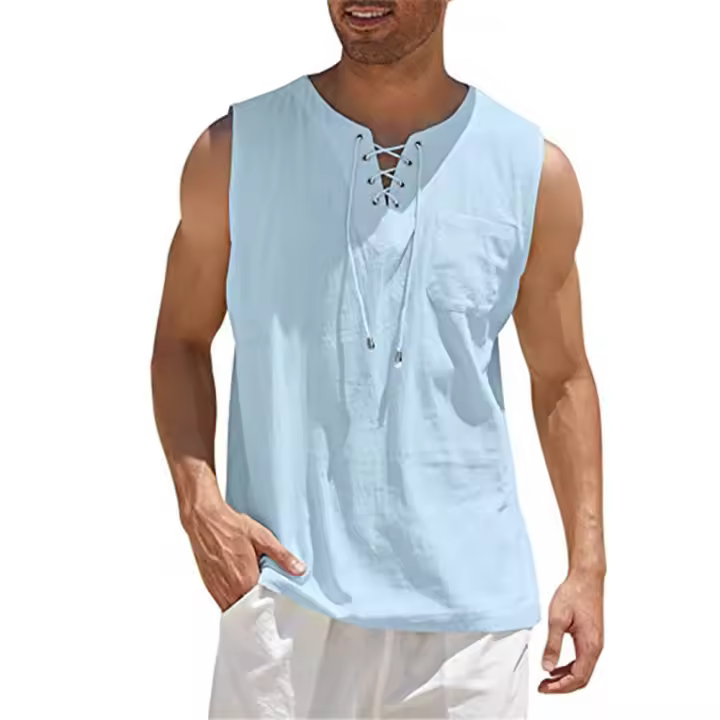 Camiseta Ligera De Verano Para Hombres Top Transpirable Estilo Casual Color Sólido Sin Mangas Con Cierre De Encaje Ropa - 1