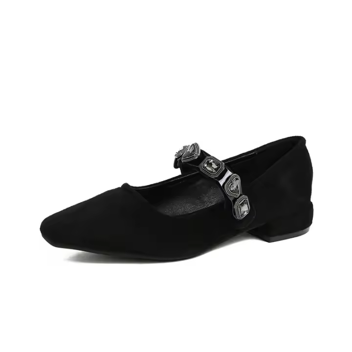 Zapatos Mary Jane de estilo coreano con estampado de leopardo, cabeza cuadrada pequeña, estilo temperamento 2025, con tiras de diamantes y boca baja para mujer - 1