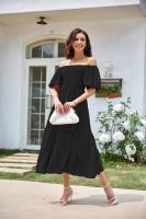 Vestido de manga corta fruncido con cuello cuadrado y espalda descubierta a la moda para mujer - details 14